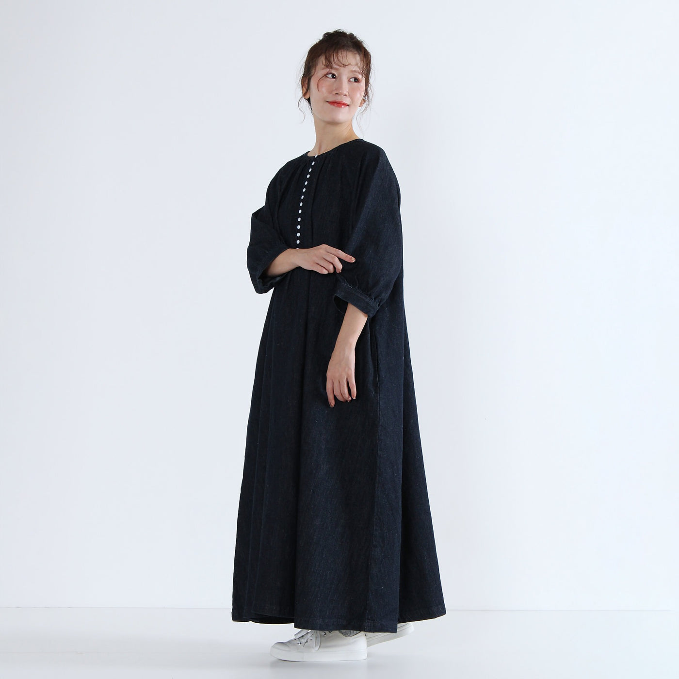 綿麻混デニム 多ボタンワンピース リネンコットンデニム使用