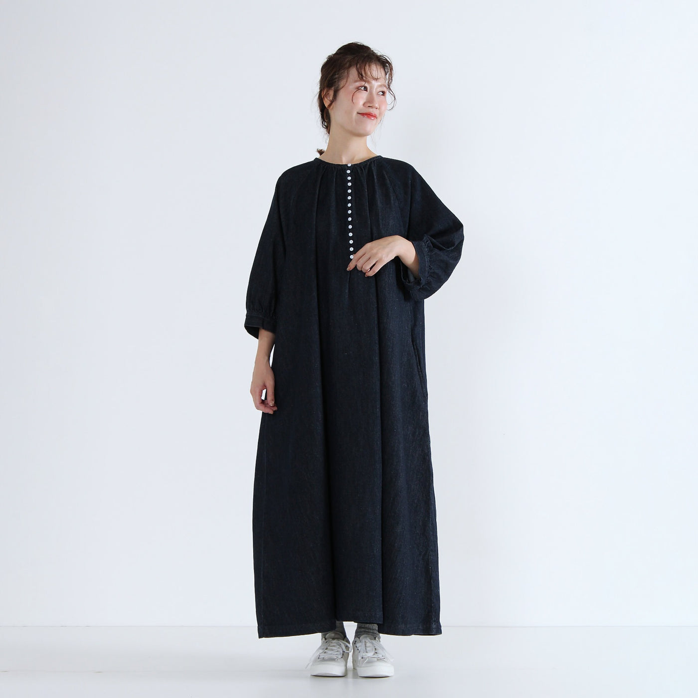 綿麻混デニム 多ボタンワンピース リネンコットンデニム使用