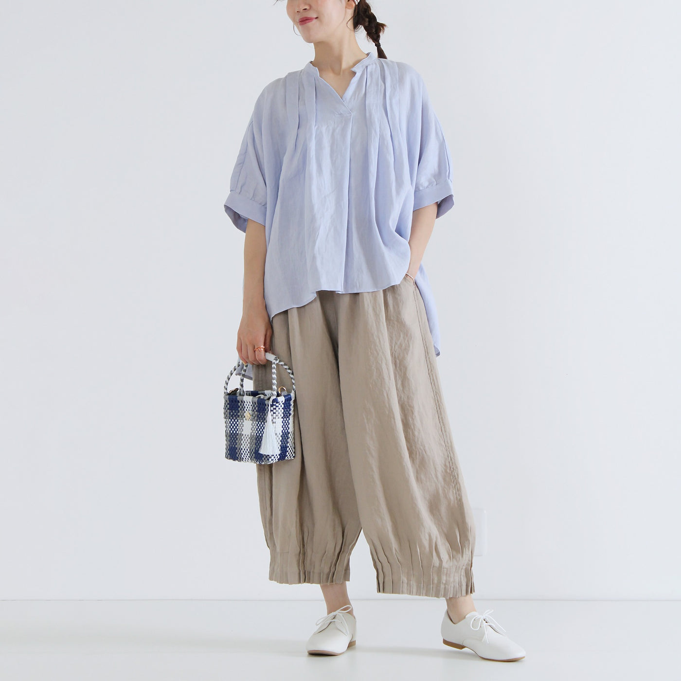 麻100% 裾ピンタックワイドパンツ 裏地付き 14番手リネン使用