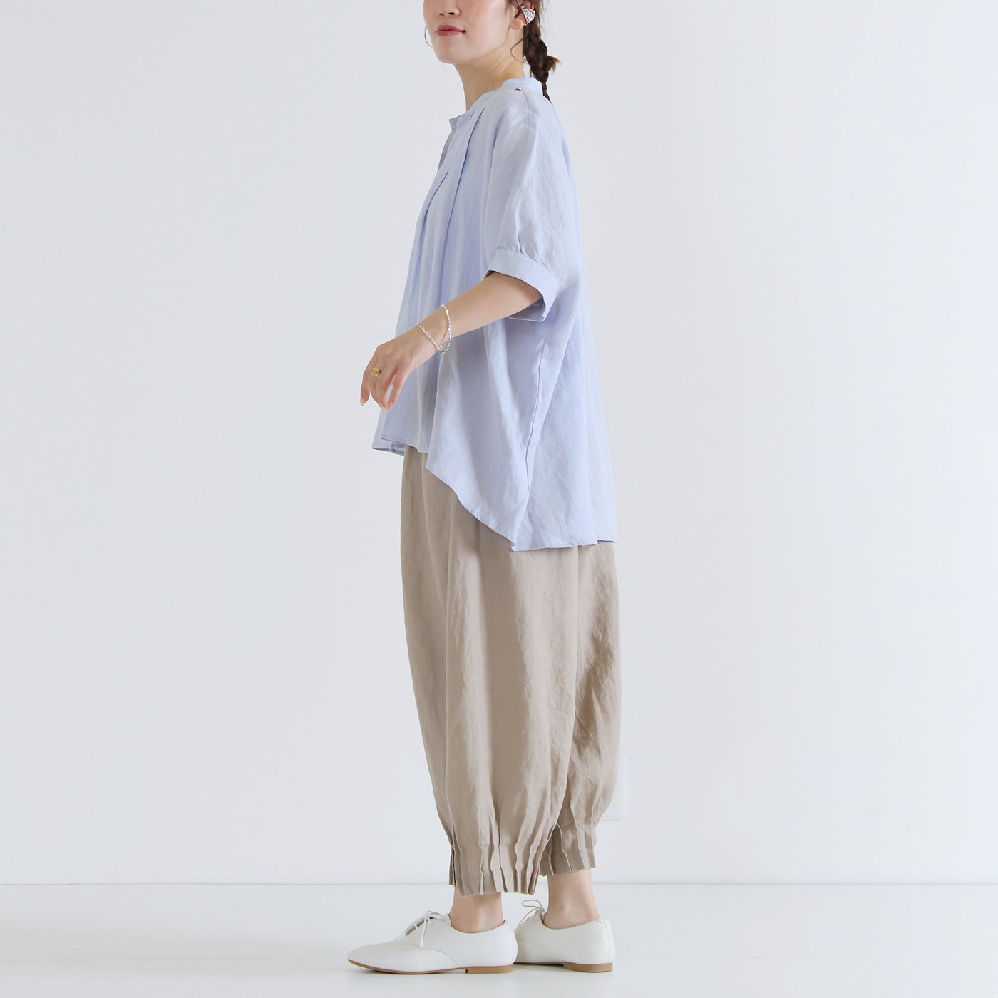 麻100% 裾ピンタックワイドパンツ 裏地付き 14番手リネン使用