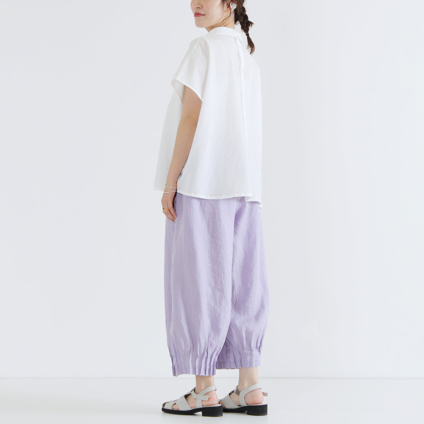 麻100% 裾ピンタックワイドパンツ 裏地付き 14番手リネン使用