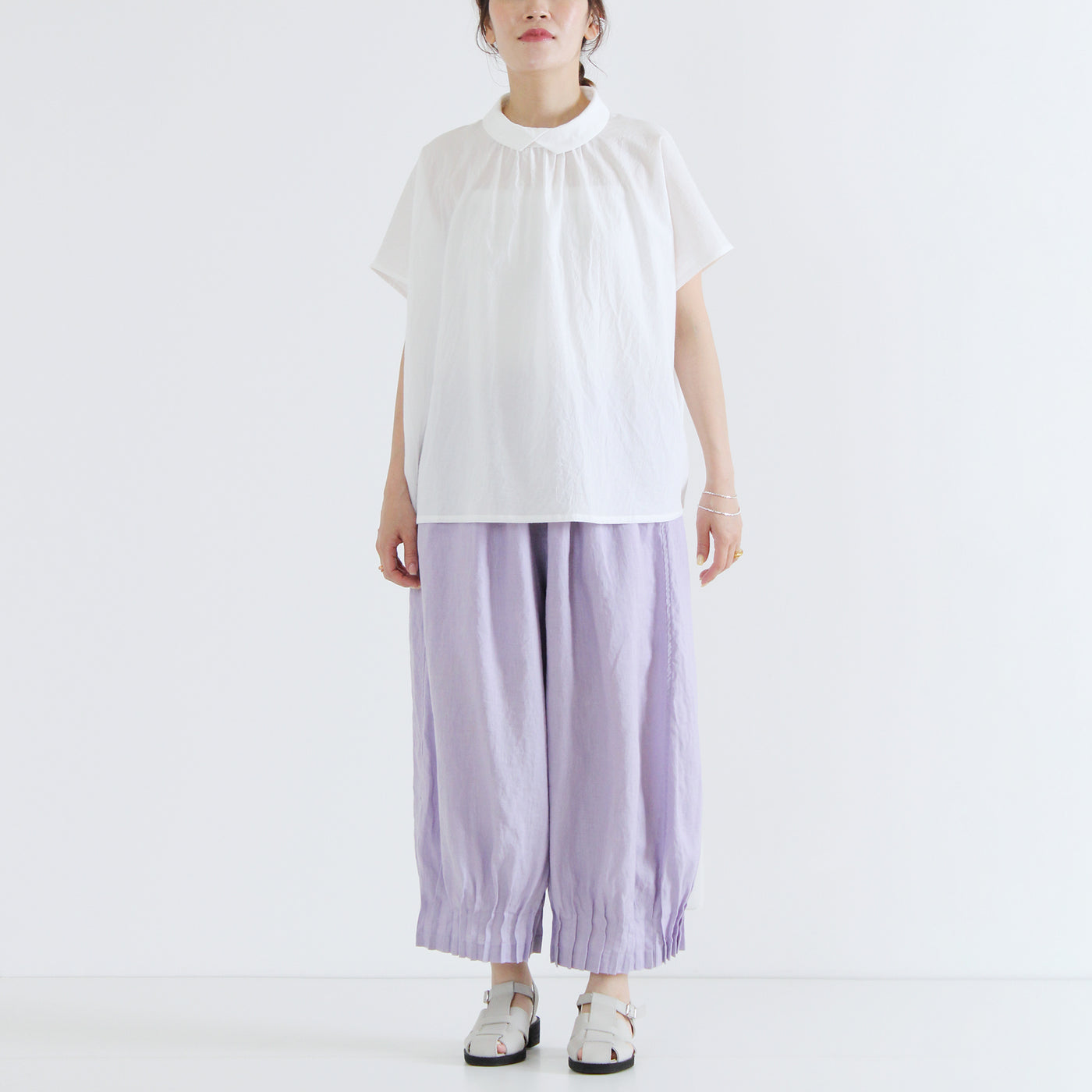 麻100% 裾ピンタックワイドパンツ 裏地付き 14番手リネン使用