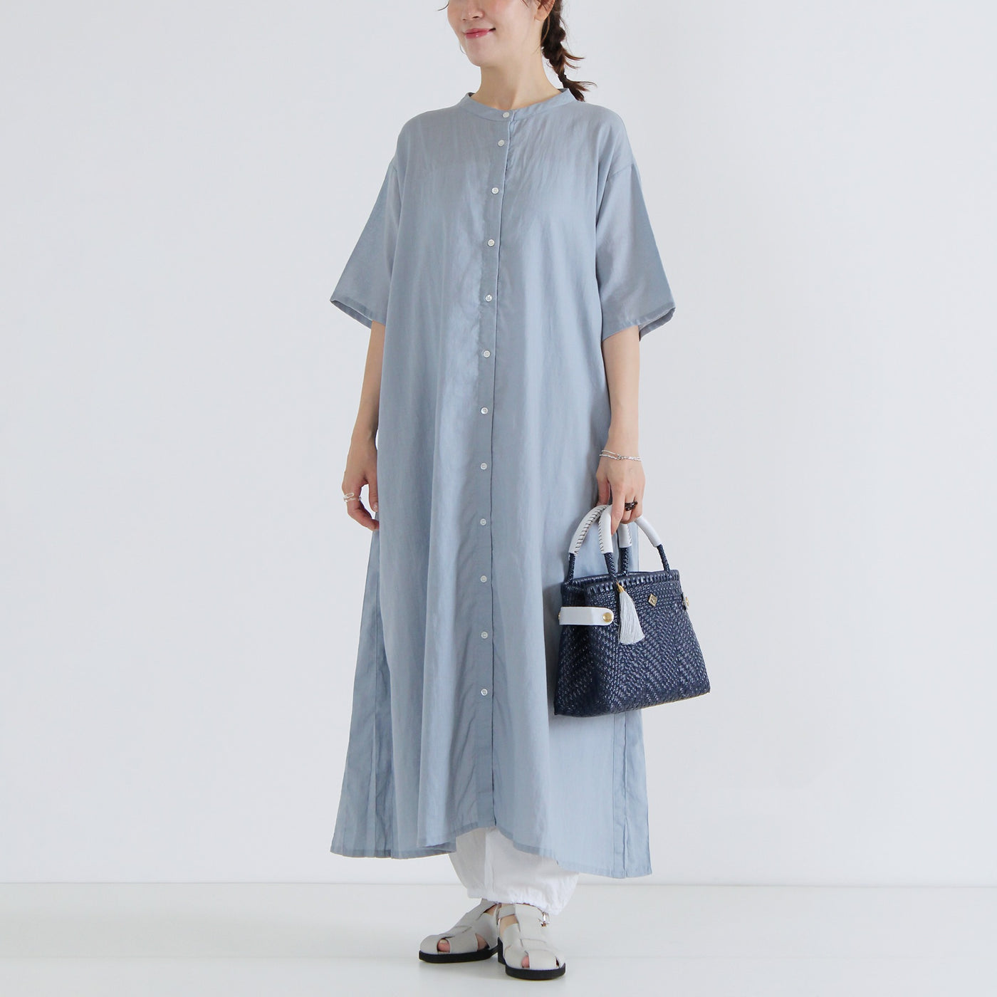 綿麻混 サイドプリーツワンピース コットンリネンローン使用