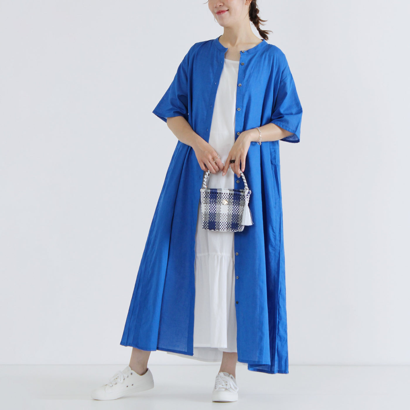 綿麻混 サイドプリーツワンピース コットンリネンローン使用