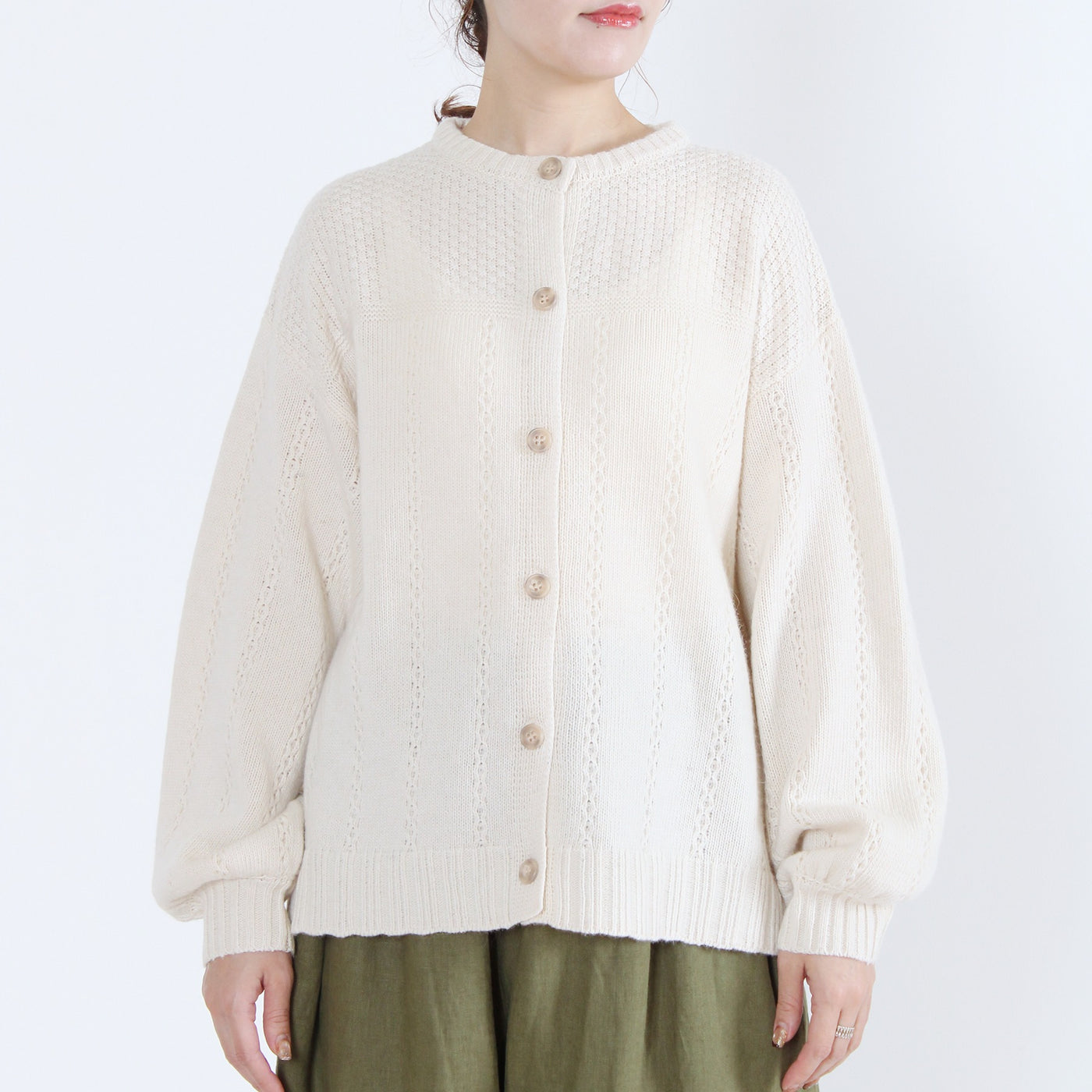 ラムウール混 ストライプ柄 ニットカーディガン