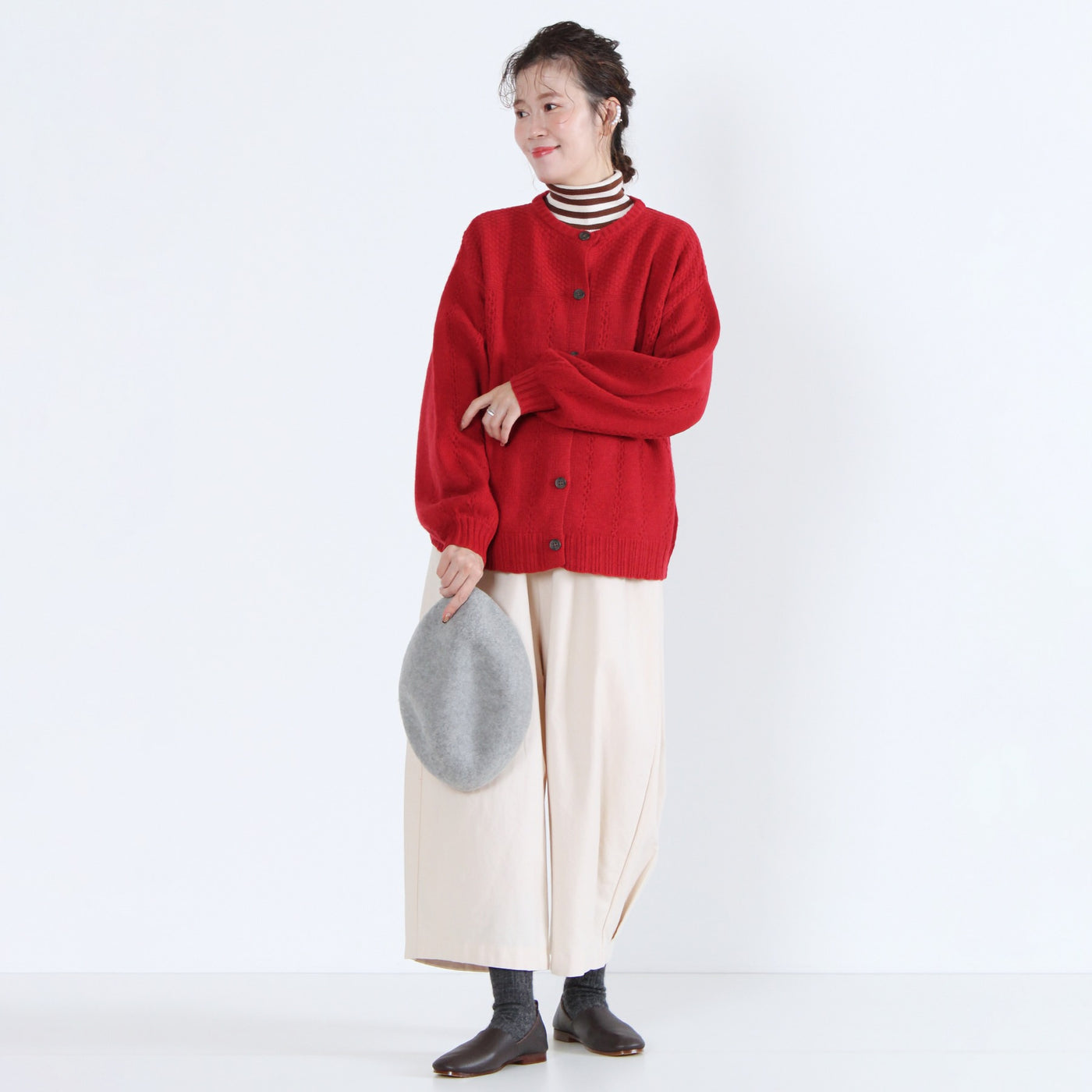 ラムウール混 ストライプ柄 ニットカーディガン