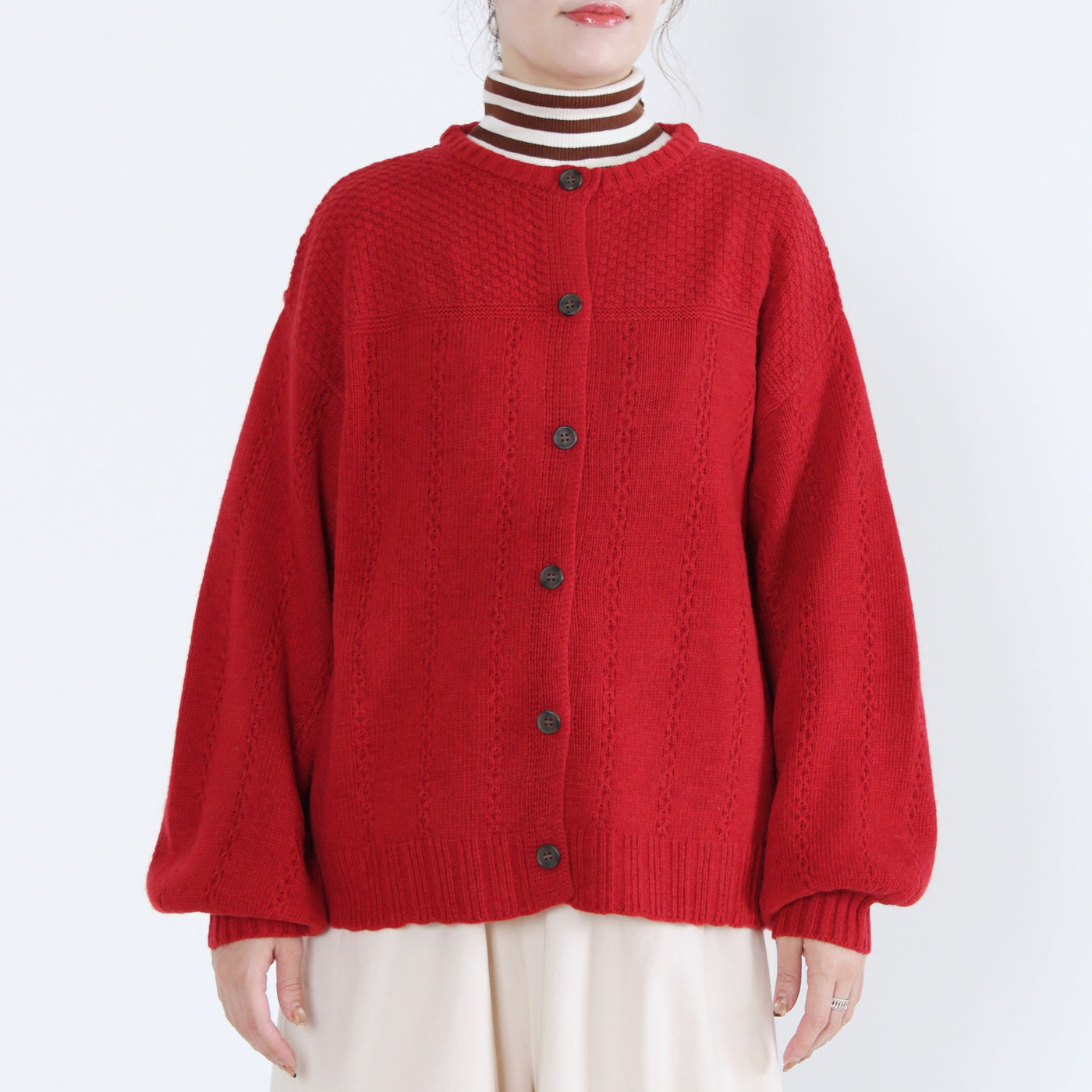 ラムウール混 ストライプ柄 ニットカーディガン