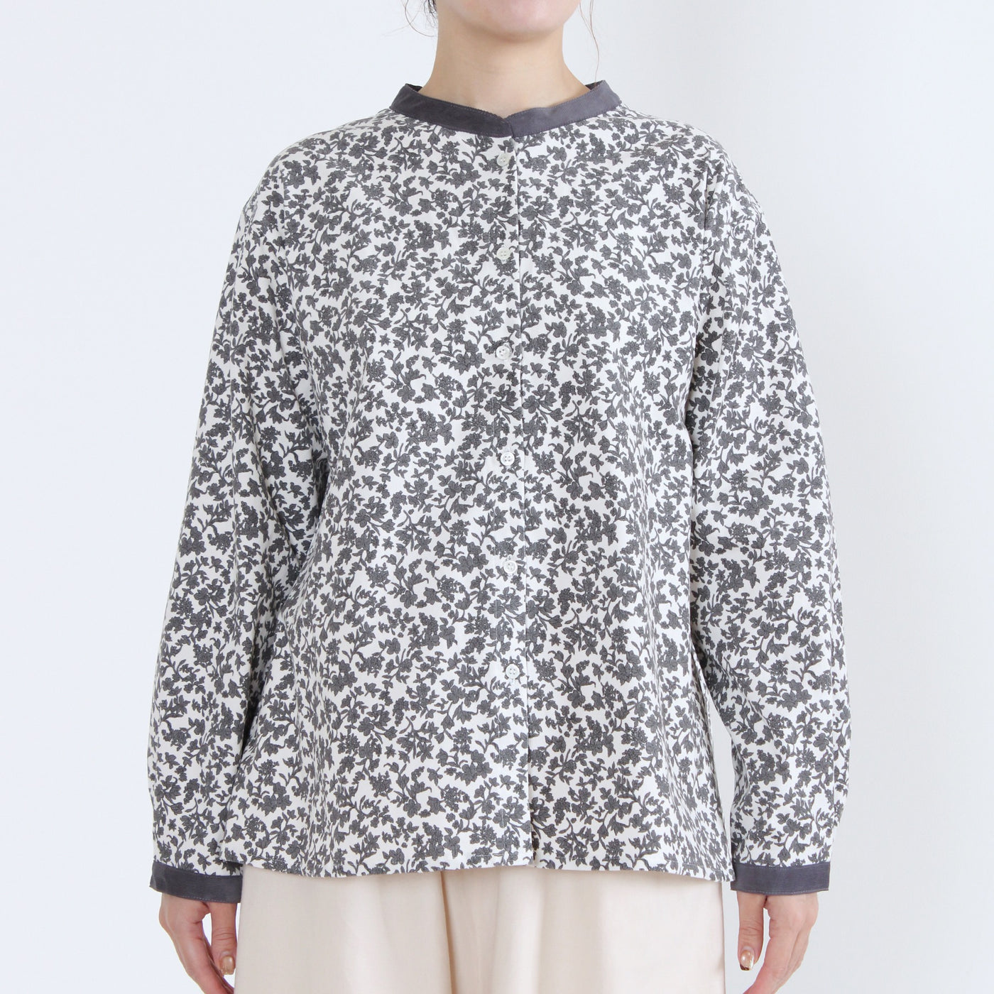 日本製 綿100% バンドカラーブラウス 細畝コーデュロイ使用