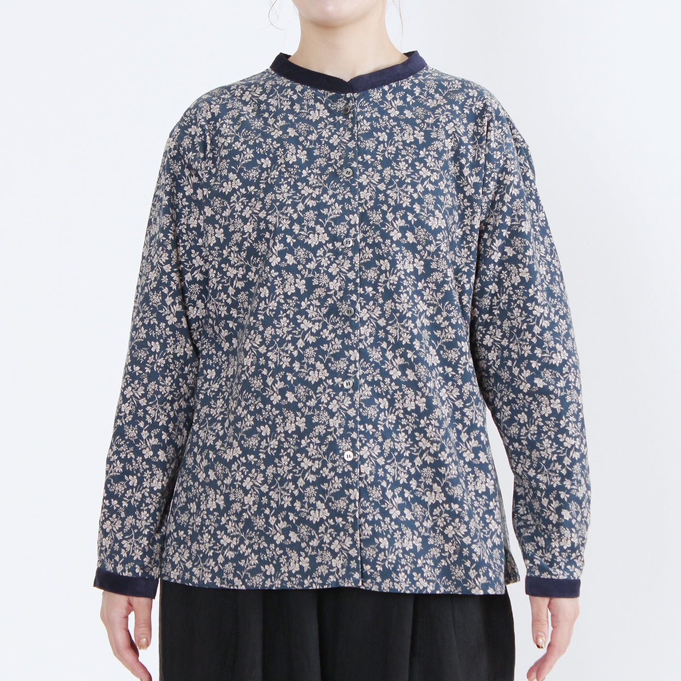 日本製 綿100% バンドカラーブラウス 細畝コーデュロイ使用