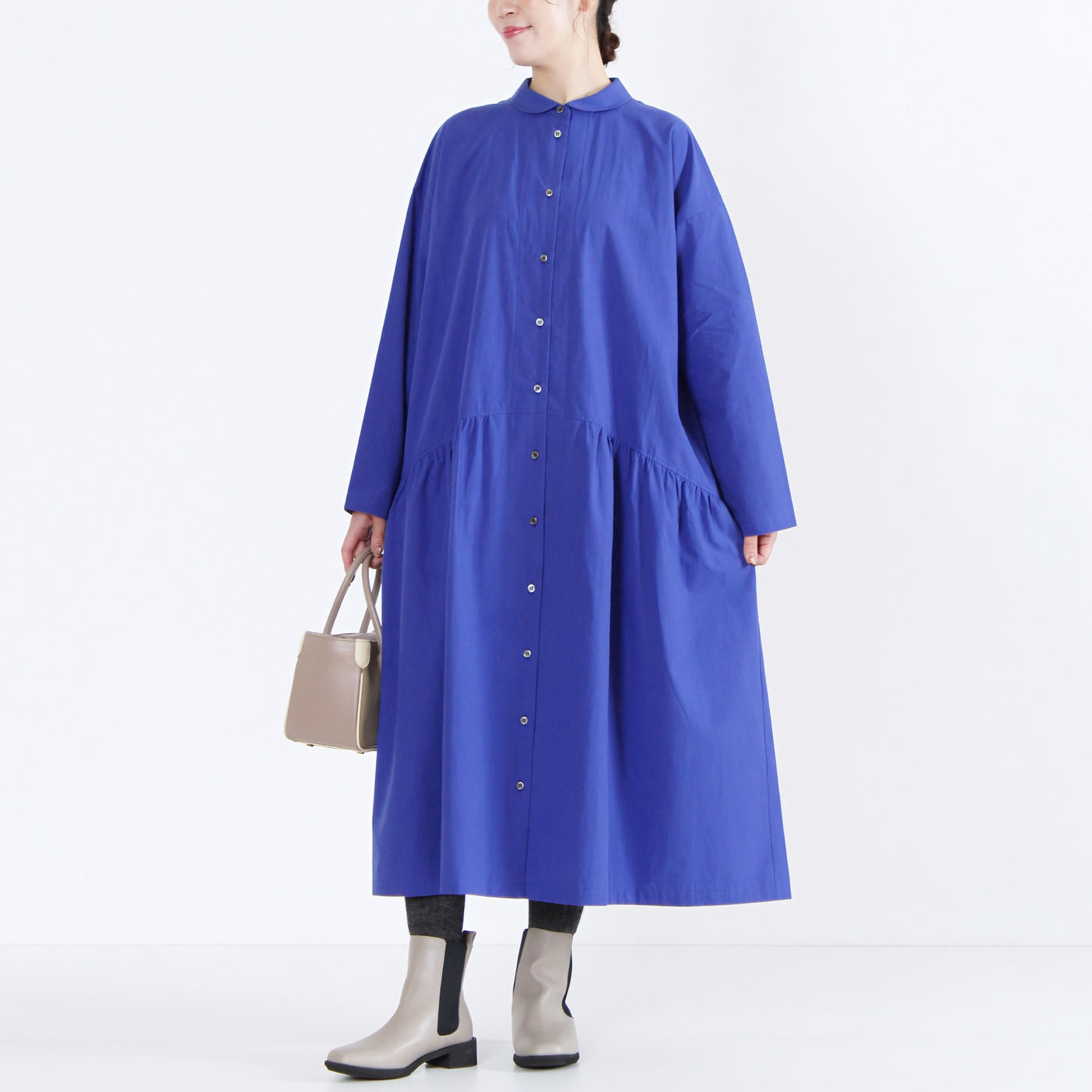 日本製 綿100% ちび衿ワンピース 近江晒ブロード使用