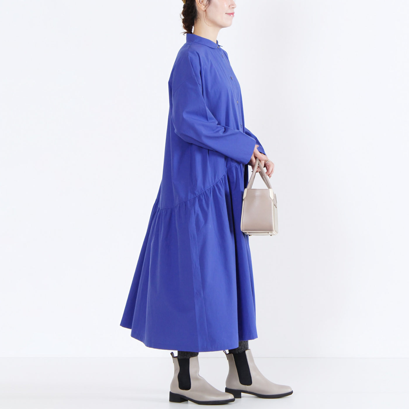 日本製 綿100% ちび衿ワンピース 近江晒ブロード使用