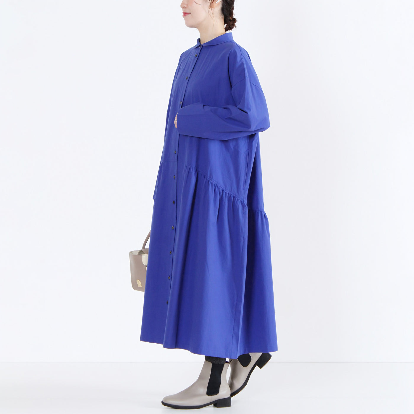 日本製 綿100% ちび衿ワンピース 近江晒ブロード使用