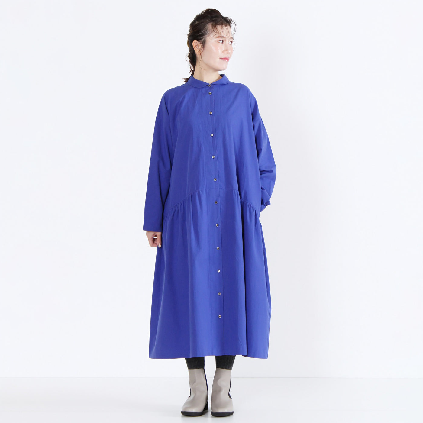 日本製 綿100% ちび衿ワンピース 近江晒ブロード使用