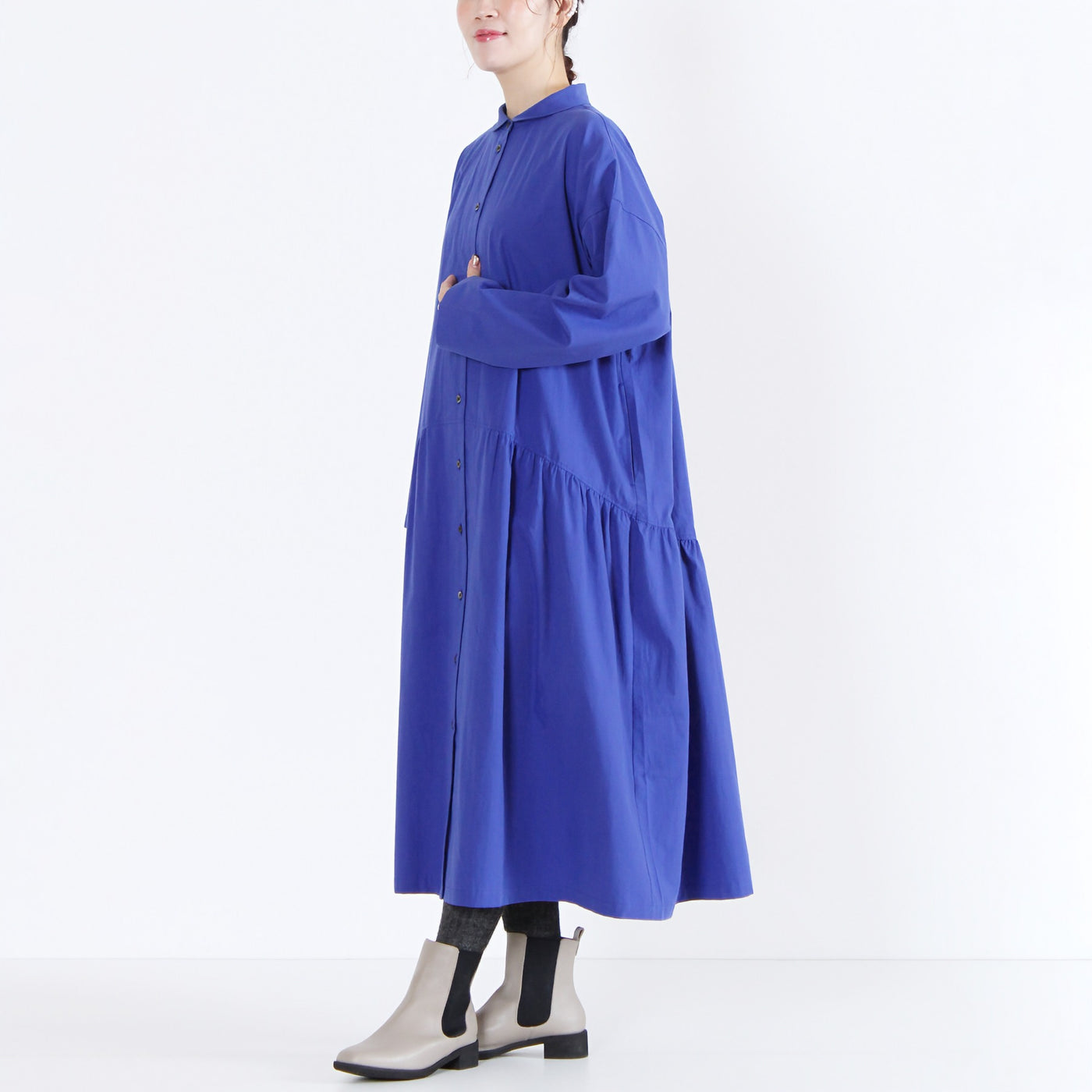 日本製 綿100% ちび衿ワンピース 近江晒ブロード使用