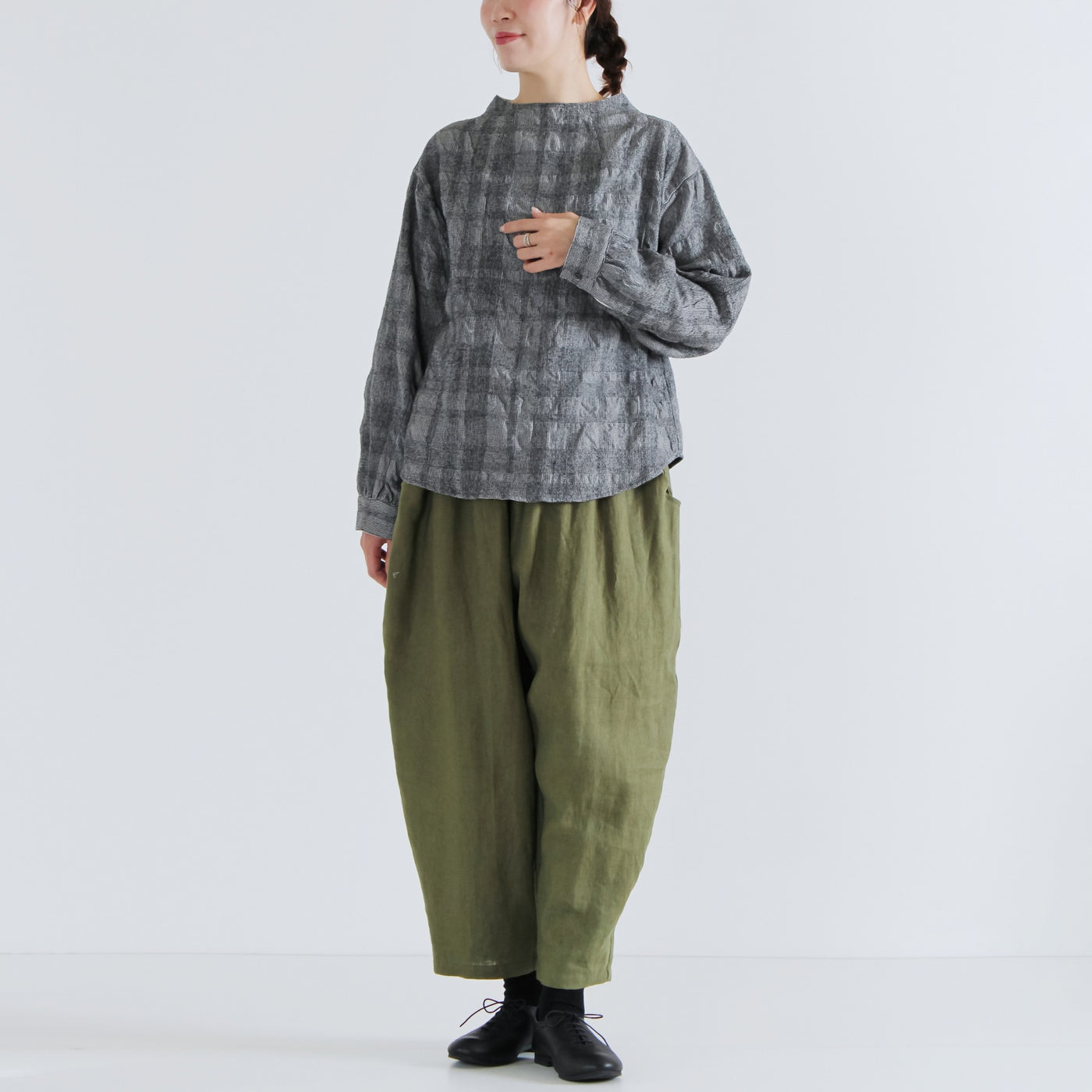 日本製 ウール混 ボトルネックプルオーバー ウールコットンシャーリングチェック使用