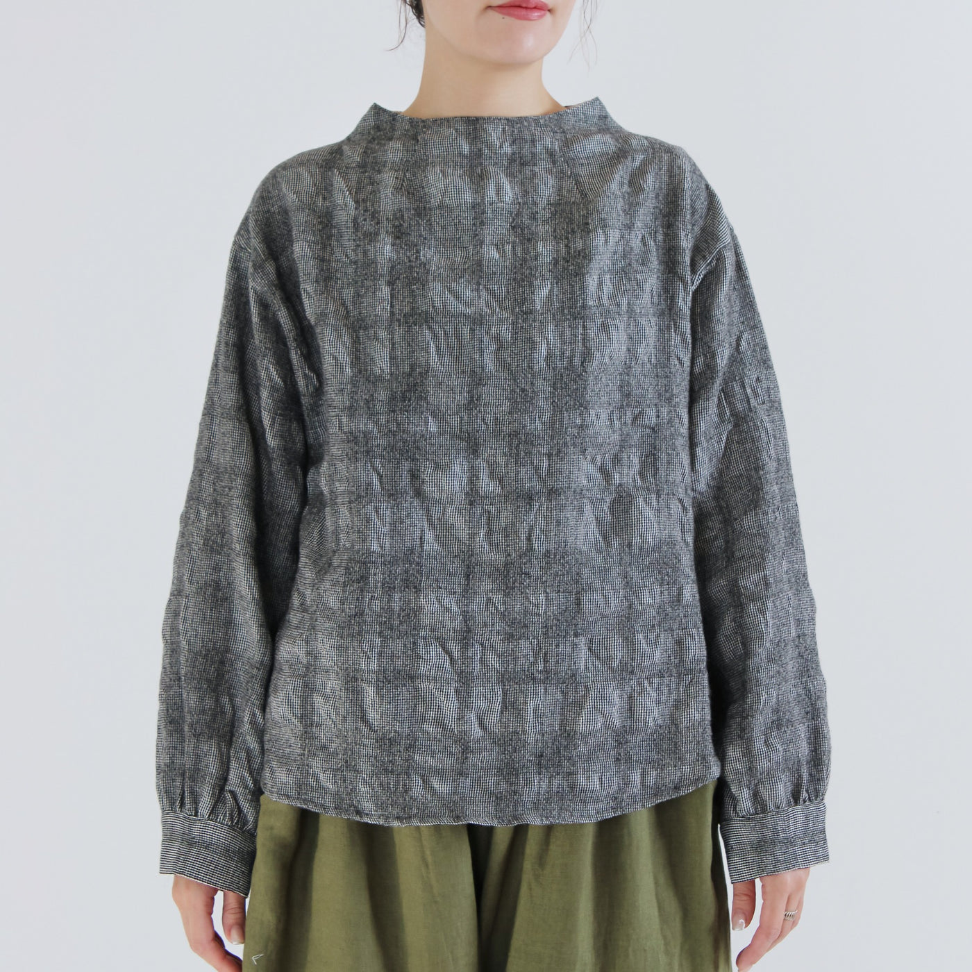 日本製 ウール混 ボトルネックプルオーバー ウールコットンシャーリングチェック使用