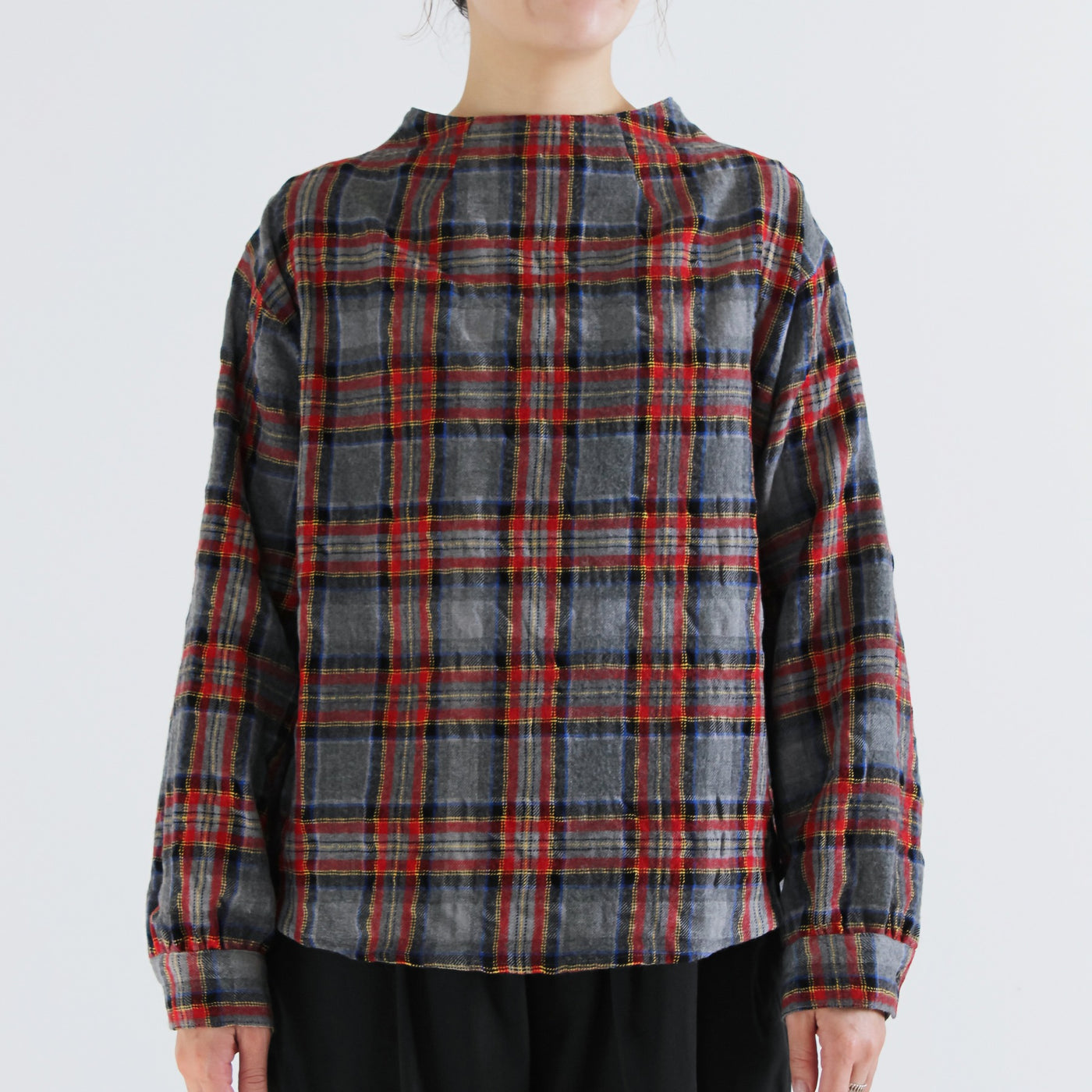 日本製 ウール混 ボトルネックプルオーバー ウールコットンシャーリングチェック使用