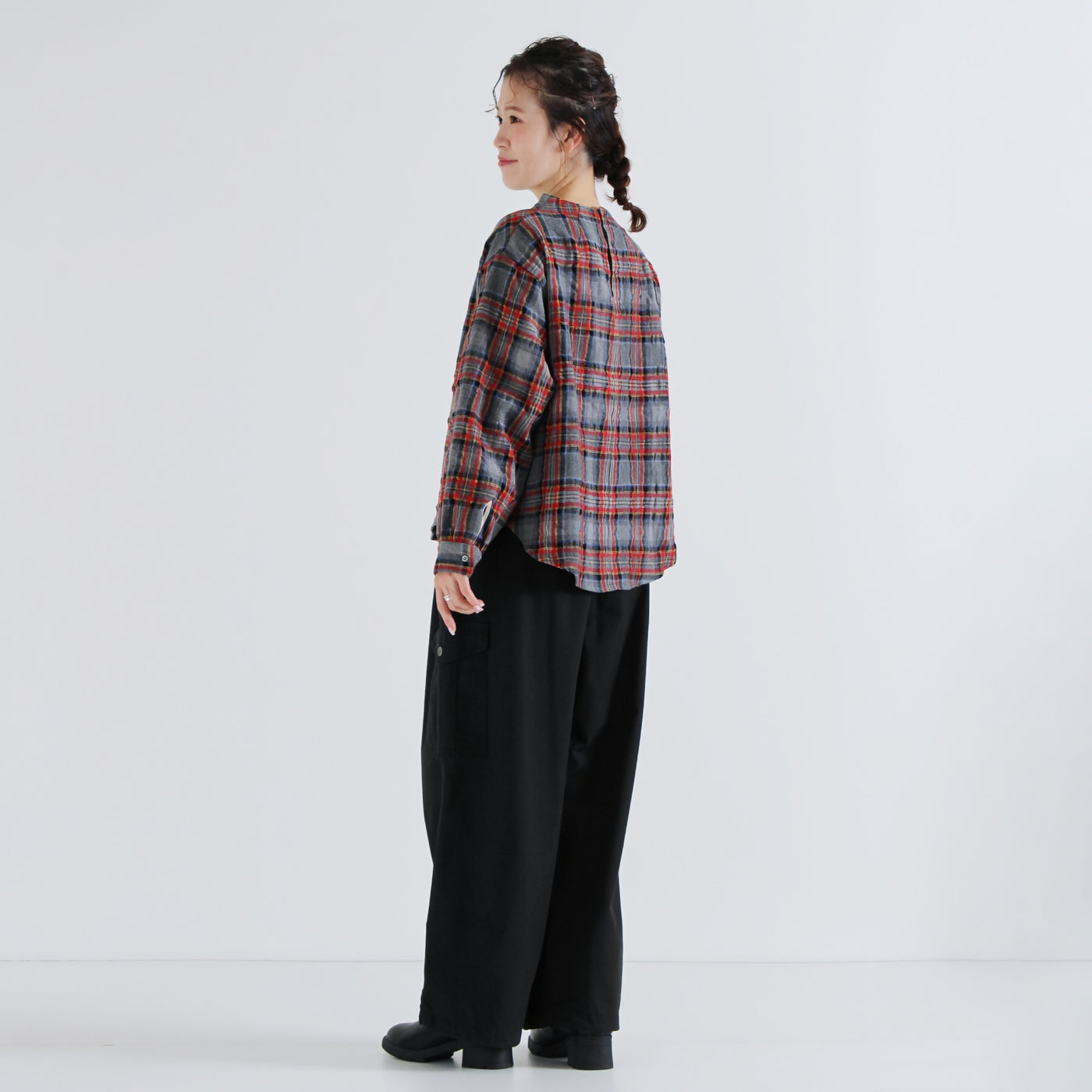 日本製 ウール混 ボトルネックプルオーバー ウールコットンシャーリングチェック使用