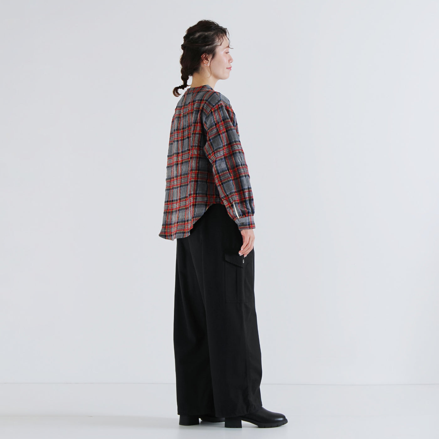 日本製 ウール混 ボトルネックプルオーバー ウールコットンシャーリングチェック使用