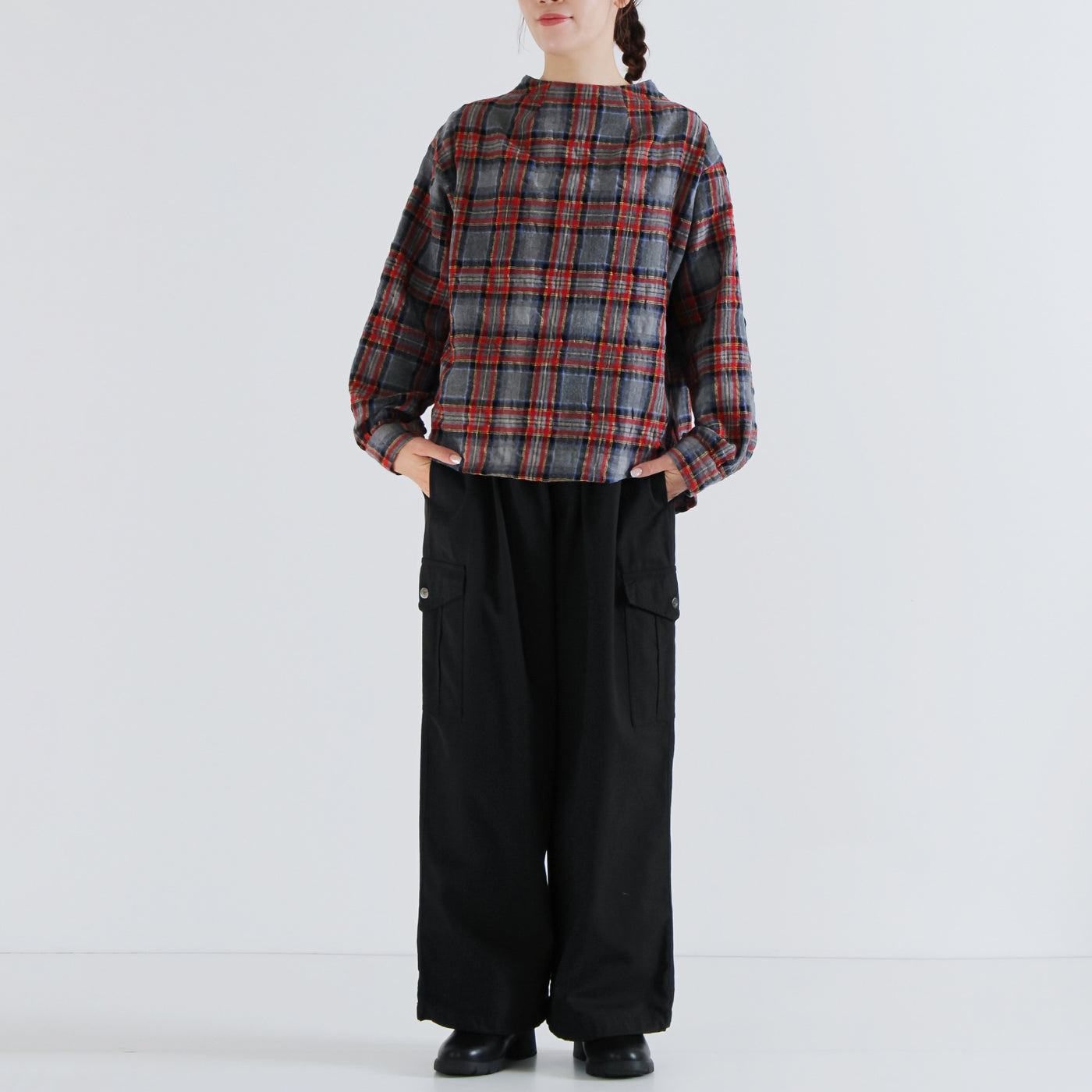 日本製 ウール混 ボトルネックプルオーバー ウールコットンシャーリングチェック使用