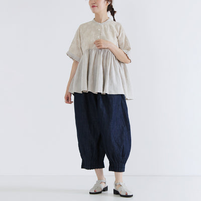 綿麻混 裾ピンタックワイドパンツ コットンリネン インディゴデニム使用