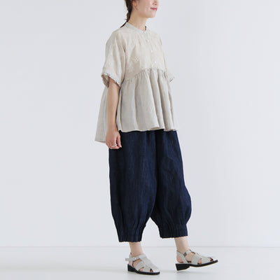 綿麻混 裾ピンタックワイドパンツ コットンリネン インディゴデニム使用