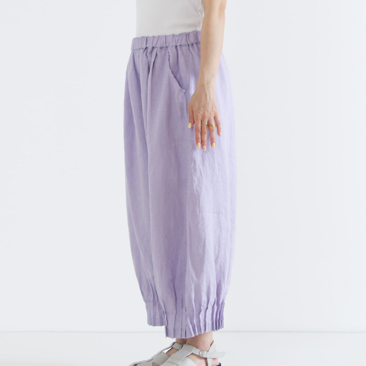 麻100% 裾ピンタックワイドパンツ 裏地付き 14番手リネン使用