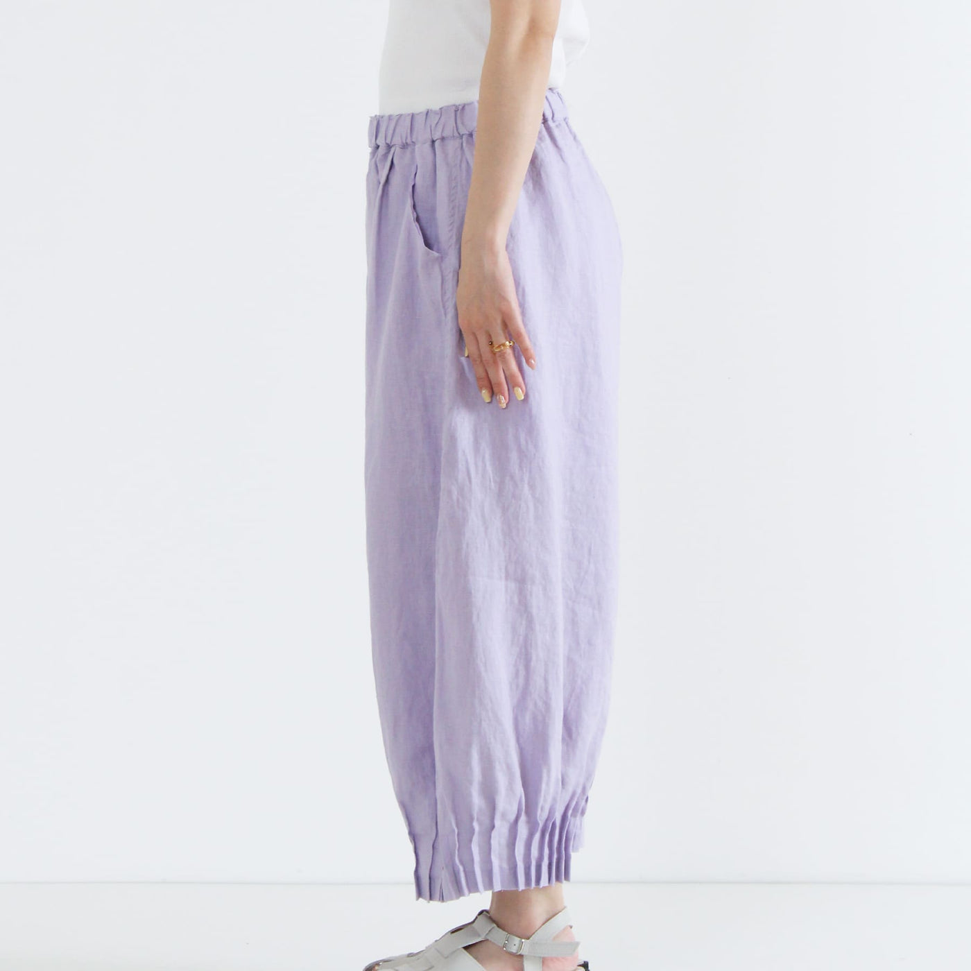 麻100% 裾ピンタックワイドパンツ 裏地付き 14番手リネン使用