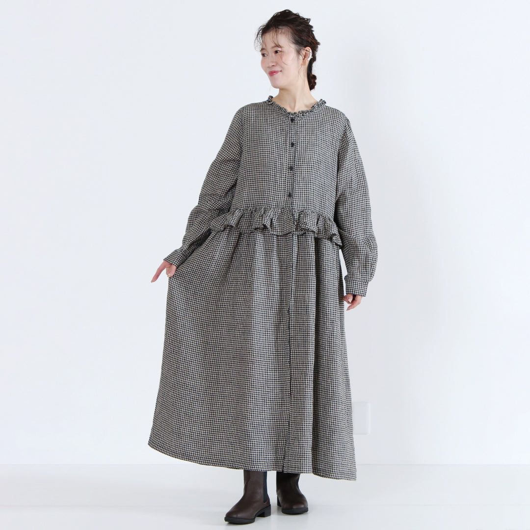 ubasoku ウバソク 麻100% ウエストフリル 長袖ワンピース 先染め