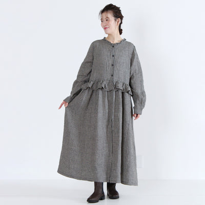 麻100% ウエストフリル 長袖ワンピース 先染めチェックリネン使用