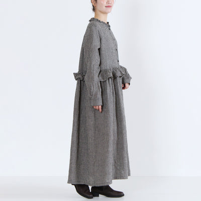 麻100% ウエストフリル 長袖ワンピース 先染めチェックリネン使用