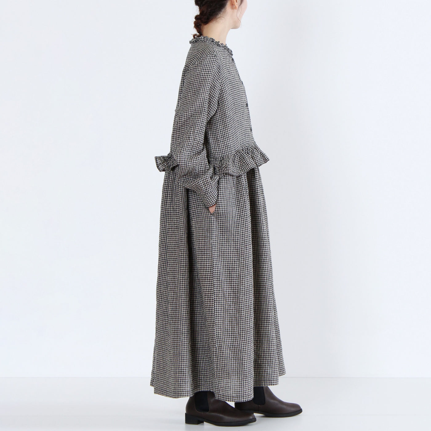 麻100% ウエストフリル 長袖ワンピース 先染めチェックリネン使用