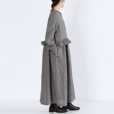麻100% ウエストフリル 長袖ワンピース 先染めチェックリネン使用