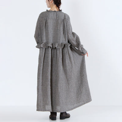 麻100% ウエストフリル 長袖ワンピース 先染めチェックリネン使用