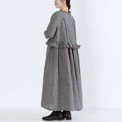 麻100% ウエストフリル 長袖ワンピース 先染めチェックリネン使用