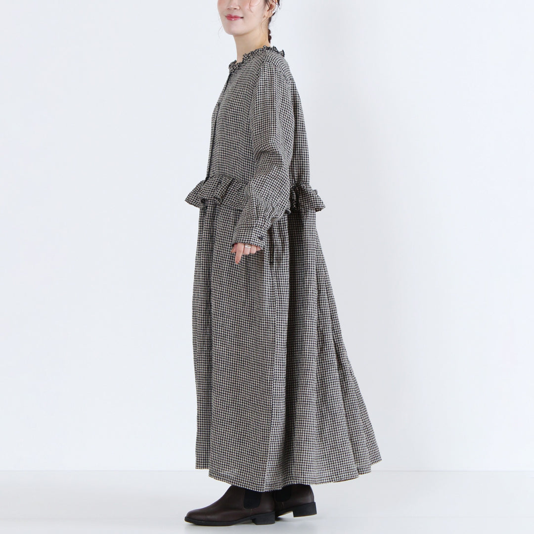 ubasoku ウバソク 麻100% ウエストフリル 長袖ワンピース 先染め