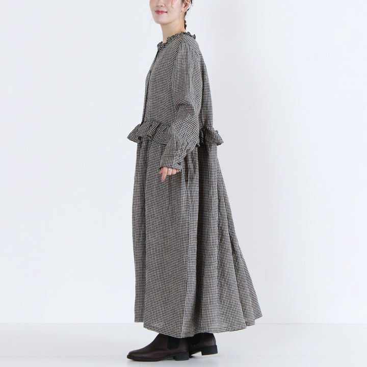 SALE】 ubasoku ウバソク 麻100% ウエストフリル 長袖ワンピース 先