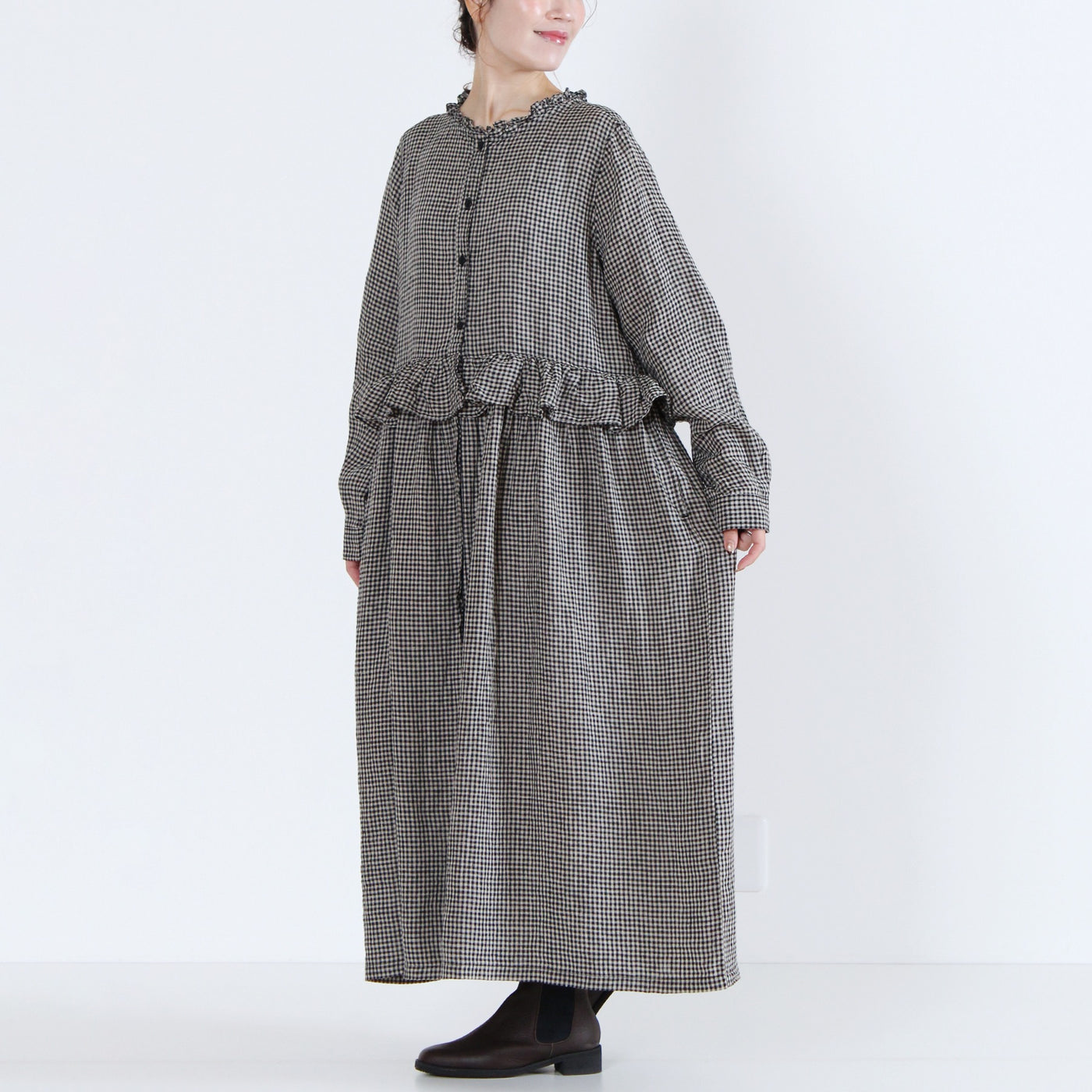 麻100% ウエストフリル 長袖ワンピース 先染めチェックリネン使用