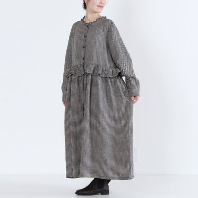 麻100% ウエストフリル 長袖ワンピース 先染めチェックリネン使用