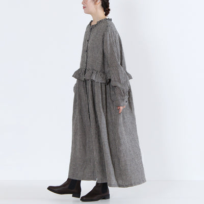 麻100% ウエストフリル 長袖ワンピース 先染めチェックリネン使用