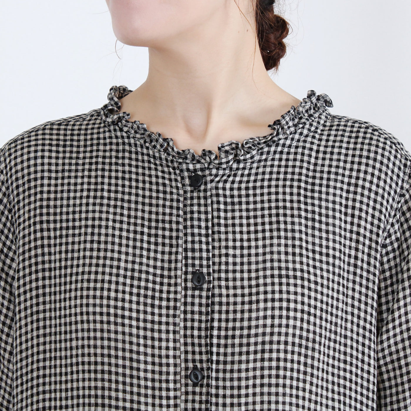 麻100% ウエストフリル 長袖ワンピース 先染めチェックリネン使用