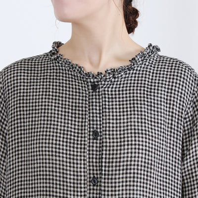 麻100% ウエストフリル 長袖ワンピース 先染めチェックリネン使用