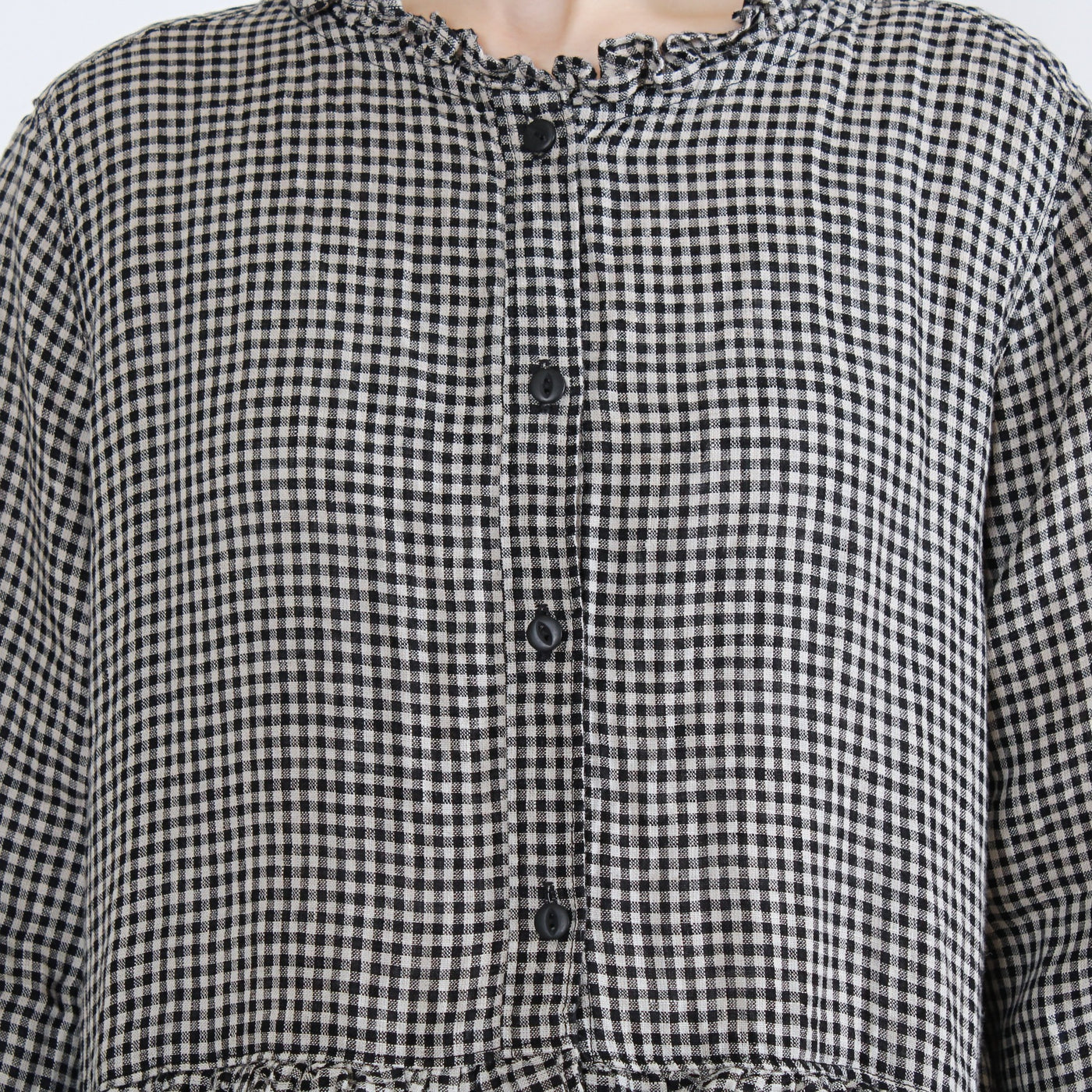 麻100% ウエストフリル 長袖ワンピース 先染めチェックリネン使用