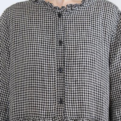 麻100% ウエストフリル 長袖ワンピース 先染めチェックリネン使用