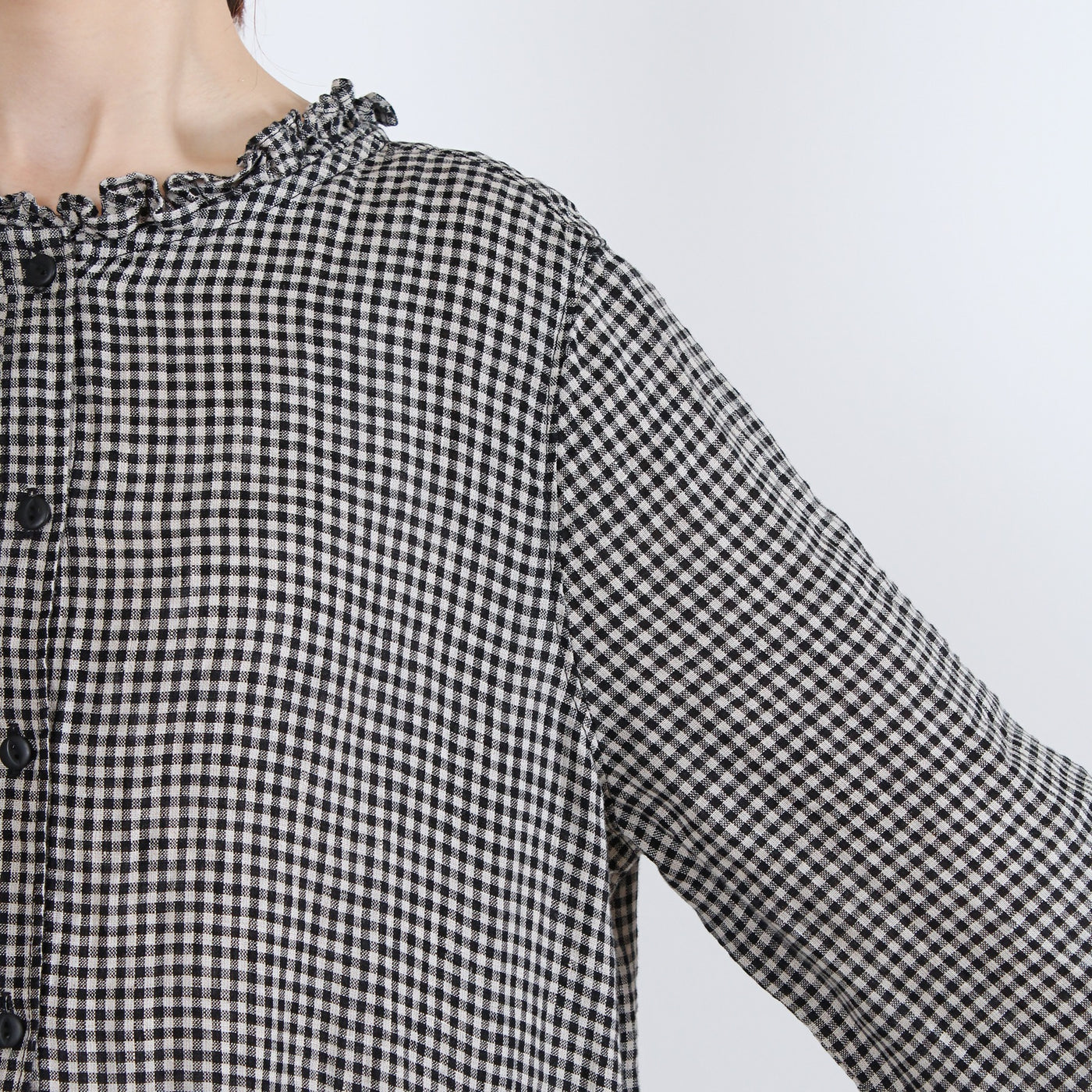 麻100% ウエストフリル 長袖ワンピース 先染めチェックリネン使用