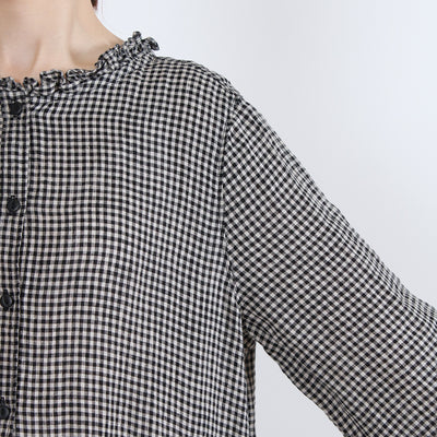 麻100% ウエストフリル 長袖ワンピース 先染めチェックリネン使用