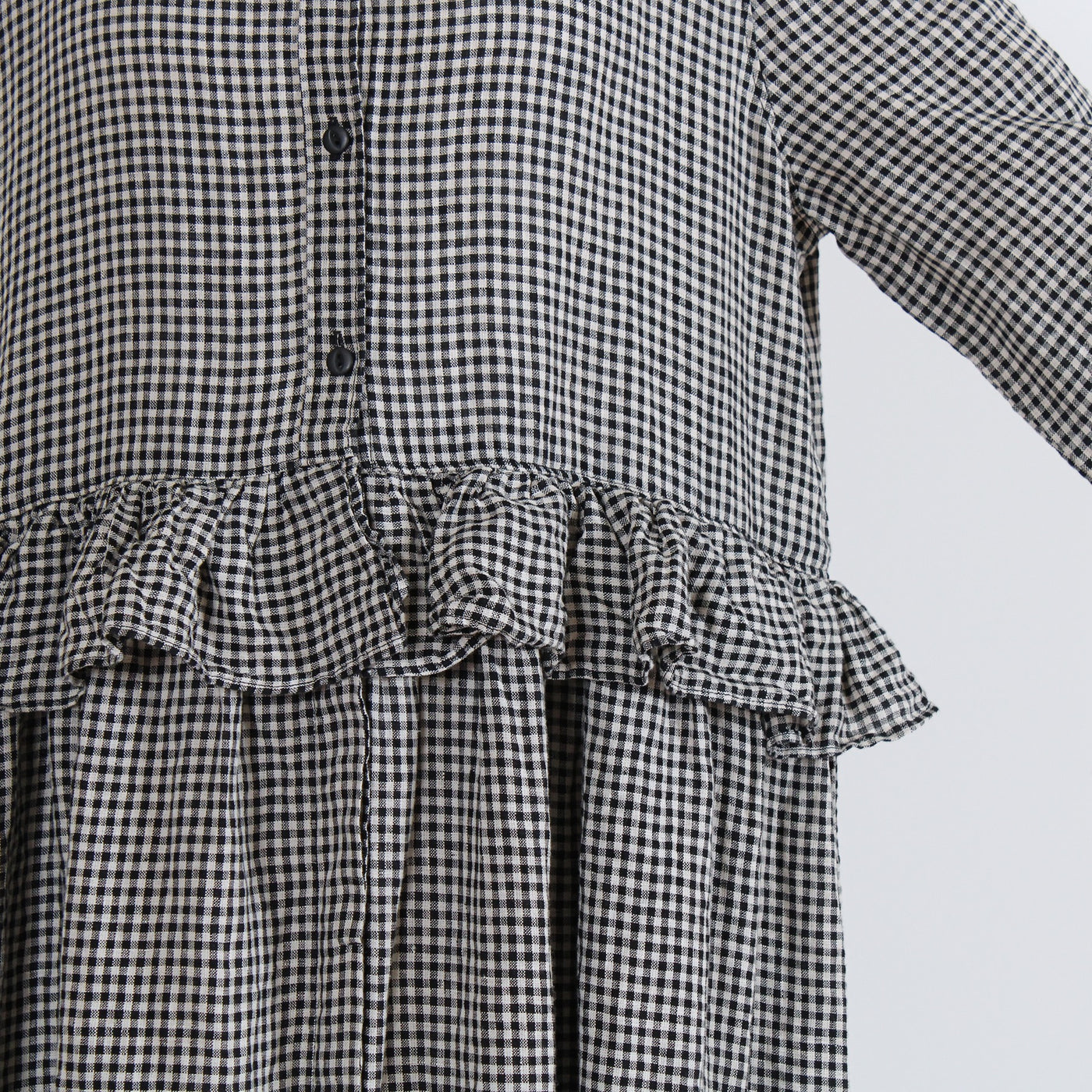 麻100% ウエストフリル 長袖ワンピース 先染めチェックリネン使用