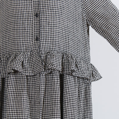 麻100% ウエストフリル 長袖ワンピース 先染めチェックリネン使用