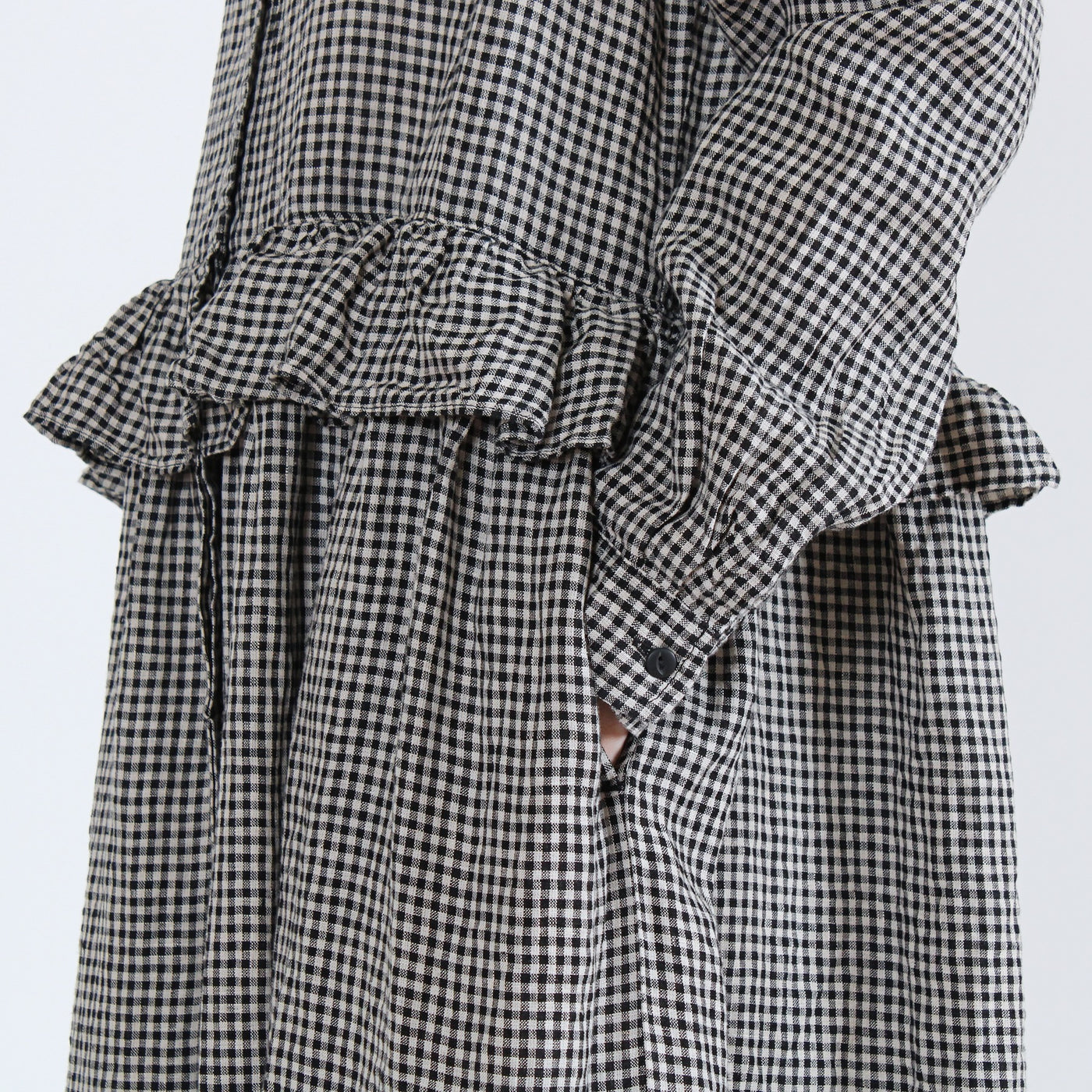 麻100% ウエストフリル 長袖ワンピース 先染めチェックリネン使用