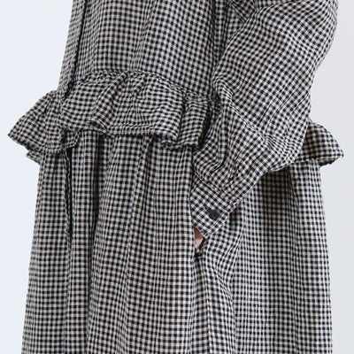 麻100% ウエストフリル 長袖ワンピース 先染めチェックリネン使用